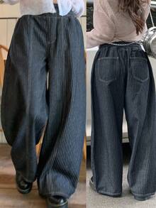 Dazy Plus Elastic Waist Loose Striped Curved Leg Jeans, Casual Retro Versatile Spring/Autumn New Style For Girls - Dark Wash - View 1