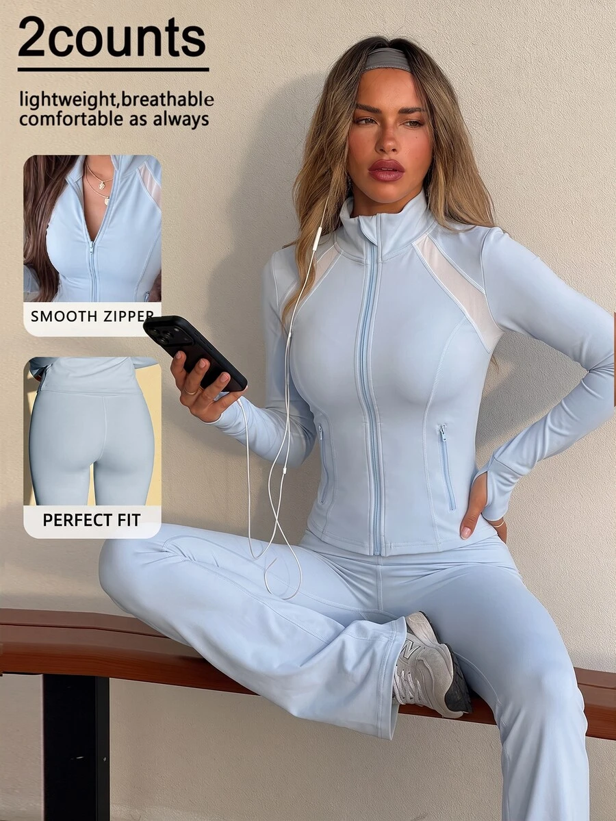 FavEase Women's Zipper Front Long Sleeve Top And Flare Pants Sports Sporty Athleisure Set Workout Gym Light Blue Autumn - Blue - View 1