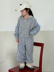 Dazy Kids Young Girls' Loose Hooded Floral Bow Decor + Long Pants Casual Cute 2 Pieces Sweatshirt Set Fall Hoodies - Light Grey - View 5