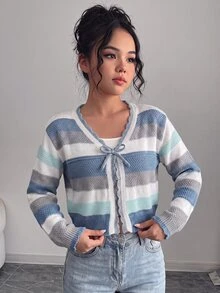 SHEIN Tween Girl Hollow Striped Colorful Knit Cardigan, Suitable For Home, Casual Outings, Beach Vacation, Gatherings And More, Comfortable Versatile Soft, Fall/Winter Outfits - Blue - View 1