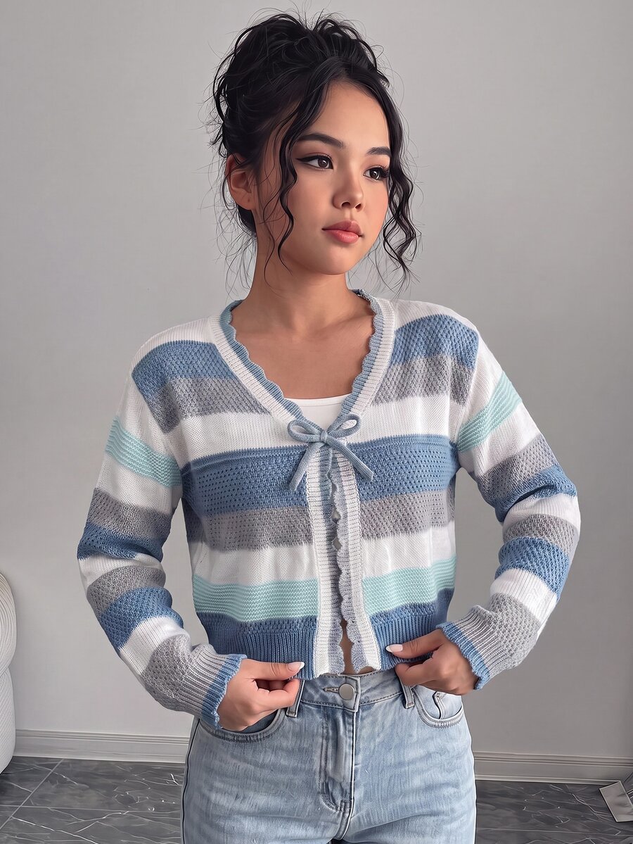 SHEIN Tween Girl Hollow Striped Colorful Knit Cardigan, Suitable For Home, Casual Outings, Beach Vacation, Gatherings And More, Comfortable Versatile Soft, Fall/Winter Outfits - Blue - View 1