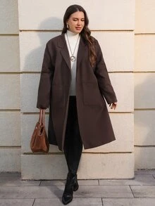 EMERY ROSE Mantel Wanita Ukuran Besar Warna Polos Lengan Panjang dengan Saku, Kasual Elegan, Cocok untuk Kantor, Acara Malam, dan Keluar, Warna Cokelat Musim Gugur - Coklat - View 3