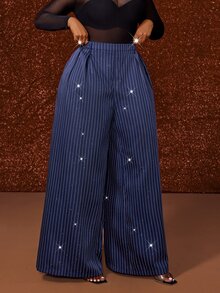 Maweii Plus Size Blue Casual Elegant Commuter Striped Sequin High Waist Long Suit Pants Party Office Fall - Blue - View 3