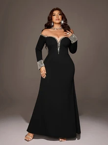 Viva Relle Plus Size Long Sleeve Mermaid Dress Elegant Formal Gown Fall - Black - View 3