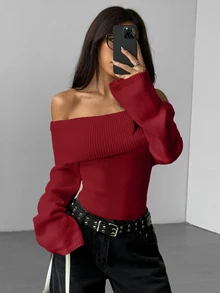 SHEIN Clasi 女款純色露肩休閒日常長袖針織衫 - 紅色 - 查看 3