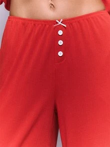 MUSERA Pointelle Bow Button Down Detail Loose Fit Pajama Coord Bottoms Pajama Christmas Winter Autumn Fall Santa Baby - Red - View 4