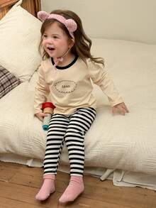 Dazy Kids Baby Girl Long Sleeve Top And Striped Long Pants Casual Daily Home Sleepwear Set Fall - Black and White - View 7