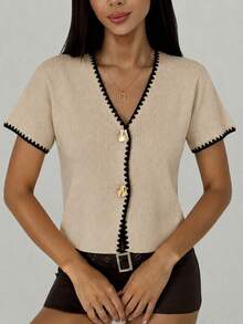 Aloruh Women's Metal Button Shell Embroidery Knit Thin Cardigan - Khaki - View 6