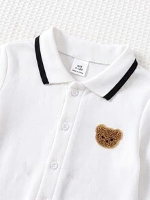 SHEIN 新生兒男嬰/女嬰秋冬款可愛卡通圖案 Polo 領長袖連身衣 - 白色 - 查看 5