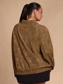 SHEIN BAE CURVE 大尺碼女款卡其色方正版夾克外套 冬季 - 卡其色 - 查看 2