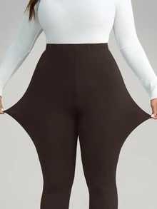 SHEIN CURVE+ 大尺碼女款休閒純色內搭褲，百搭簡約，適合上班/辦公室/健身房，秋冬保暖內搭褲 - 棕色 - 查看 9