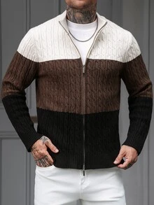 Manfinity CasualCool جاكيت كارديجان رجالي محبوك بكابلات وتصميم كتل لونية، بياقة واقفة وسحاب أمامي، كنزة محبوكة بلون موحد بنسيج ثلاثي الأبعاد وأكمام طويلة - قهوة بني - مشاهدة 1