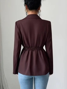 SHEIN Women's Dark Brown Notch Lapel Blazer, Single Gold Button, Ruched Waist, Slim Fit, Long Sleeve, Elegant Office Suit Jacket - Brown - View 2