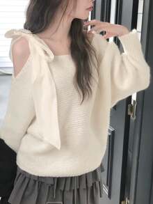 DAZY Sweater Rajut Kasual Longgar Lengan Panjang dengan Tali Bahu Pita Leher Bulat Warna Putih untuk Wanita Musim Gugur - Putih - View 4