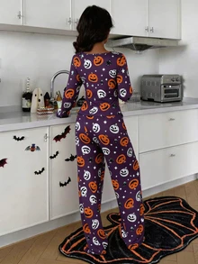 ZzzCrew Set Piyama Wanita Seksi Lengan Panjang Motif Kartun Halloween - MultiWarna - View 2