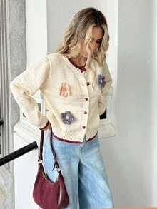 Pariaura Cream & Contrast Color 3D Floral Heart Button + Burgundy Trim Sweet Youthful Versatile Knit Cardigan - Beige - View 4