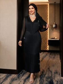 SHEIN Lady CURVE Plus Size Elegant Party Multi-Layer Fringe Dress Fall - Black - View 8