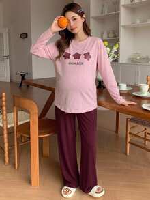 Dazy Maternity Star & Letter Print Loose Long Sleeve T-Shirt & Straight Leg Pants Casual Daily Home Wear Spring/Autumn Maternity 2 Pieces Set - Purple - View 3