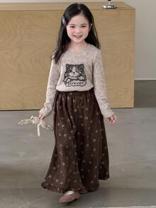 DAZY Girls' (Ditsy Ditsy Floral Wide Leg Casual Pants With Frill Trim, Cute And Stylish Fall - Brown - View 5