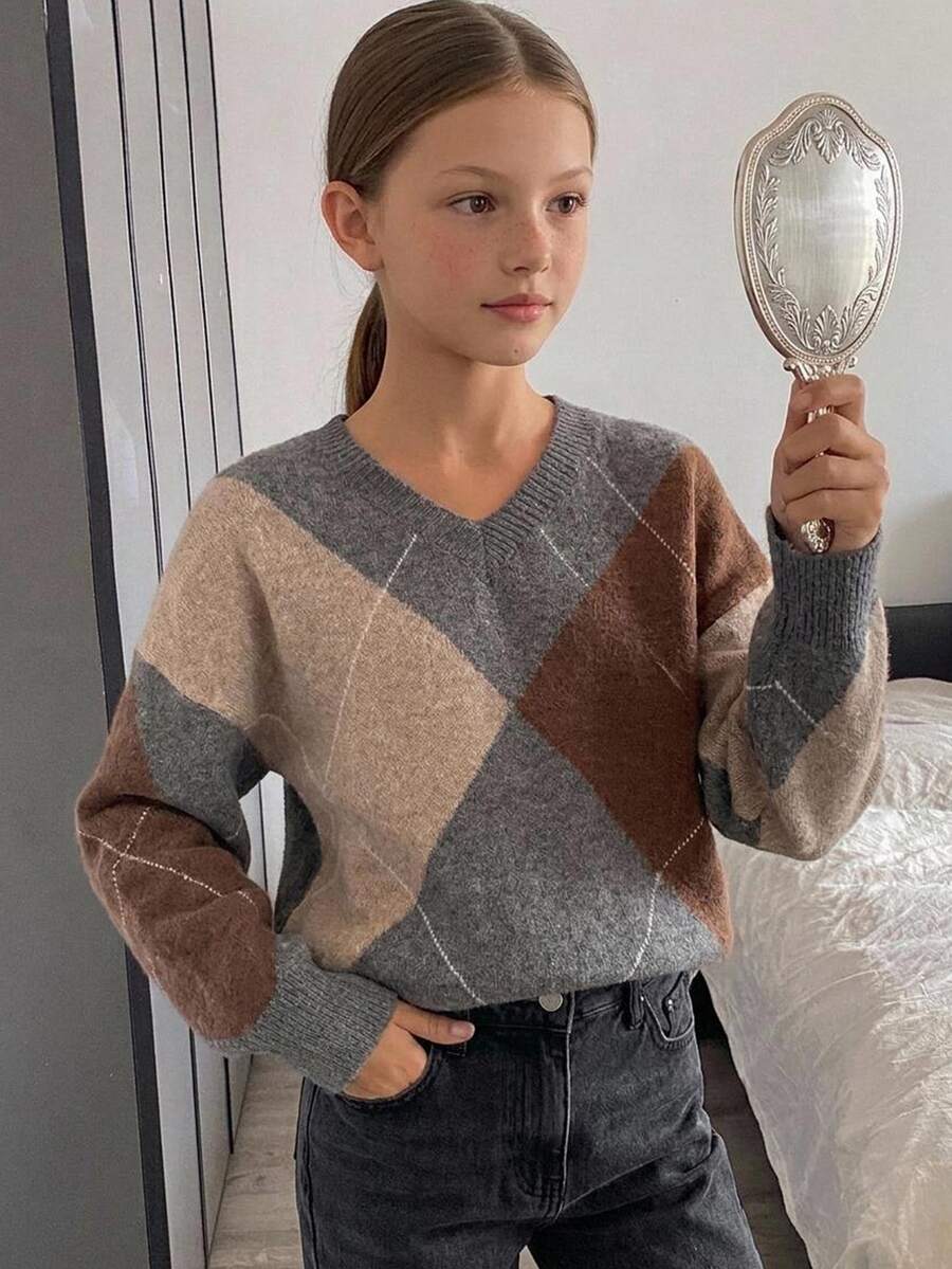 DAZY (Gadis Remaja) Sweater Tebal Lengan Panjang Longgar Kasual Leher V Motif Kotak-kotak Blok Warna, Musim Gugur/Dingin - Khaki - View 1