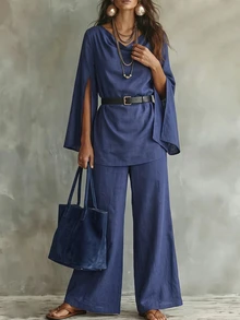 SHEIN Navy Blue Cowl Neck Split Sleeve Cotton Set Women's High-End Commute Drape Wide Leg Pants Two Pieces Office Autumn Elegant - Navy Blue - View 1