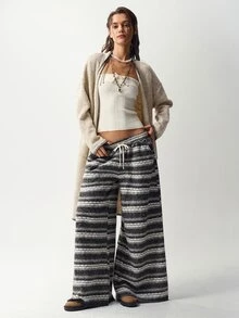 Bohemela 女款條紋寬腿鬆身長褲，附腰部綁帶，休閒款 - 灰色 - 查看 6