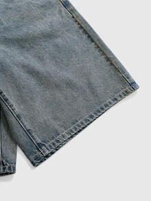 ROMWE Grunge Punk 夏季復古中性街頭龐克蜘蛛網刺繡寬鬆寬腿女款牛仔中長褲 - 中等水洗藍 - 查看 4
