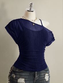 SHEIN ICON Plus Size Women Solid Color Asymmetrical Shoulder Casual Daily T-Shirt - Navy Blue - View 7