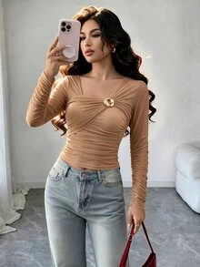SHEIN Raffinéa Women's Spring/Autumn Mesh Asymmetrical Collar Shawl Top With Metal Decor, Sheer Casual Holiday Streetwear Top - Brown - View 4