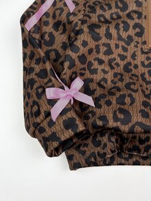 SHEIN Baby Girl Leopard Print Bow Decor Sweatshirt & Elastic Waist Long Pants Set - Brown - View 5