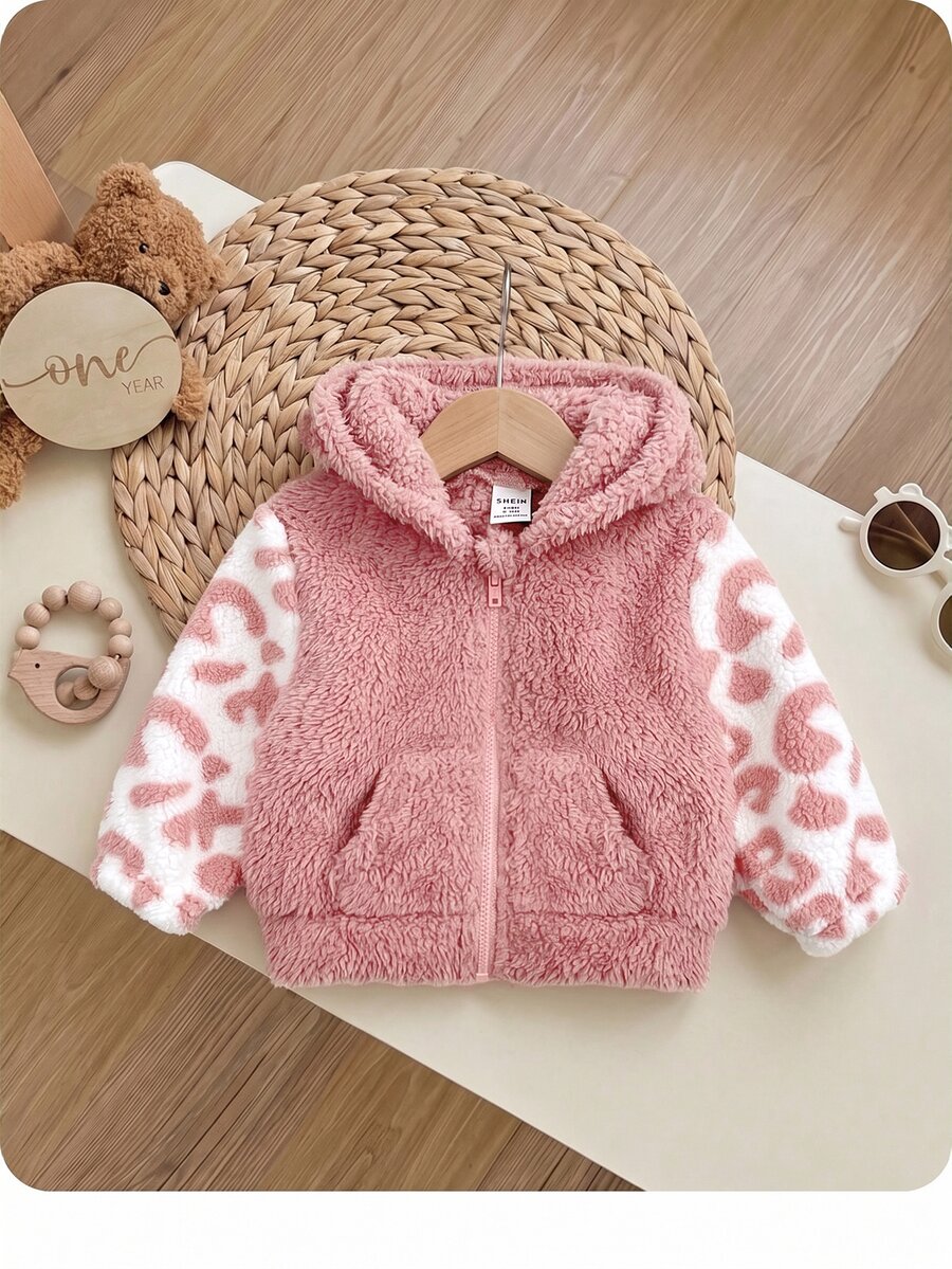 SHEIN Newborn Baby Girl Cute Autumn/Winter Casual Versatile Fuzzy Colorblock Leopard Print Jacket - Pink - View 1