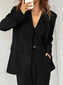 SHEIN EZwear 3件組純灰色西裝外套、背心與長褲，秋冬款 - 黑色 - 查看 6