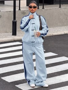 Muchica 女款拼色條紋保暖內裡夾克與長褲運動套裝 - 淺藍色 - 查看 8