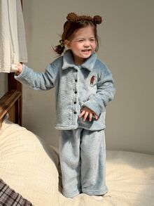 DAZY Infant/Toddler (Girl) Collared Comfortable Long Sleeve & Long Pants 2 Pieces Set Loungewear, Autumn/Winter - Blue - View 4