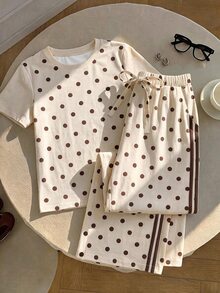 Comfortcana 2pcs/Set Casual Plus Size Women's Polka Dot Pattern Apricot T-Shirt & Pants, Suitable For Summer - Multicolor - View 5