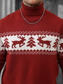 Manfinity CasualCool Men's Red Christmas Jacquard Turtleneck Sweater With Reindeer And Christmas Tree Pattern, Holiday Long Sleeve Knit Pullover, Old Money - Red - View 5