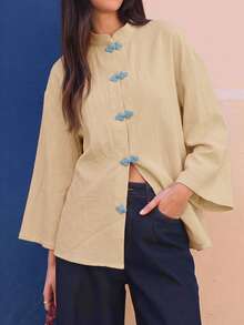 EastFlair Women's Casual Versatile Daily Wear Top With Frog Buttons - Apricot - View 9