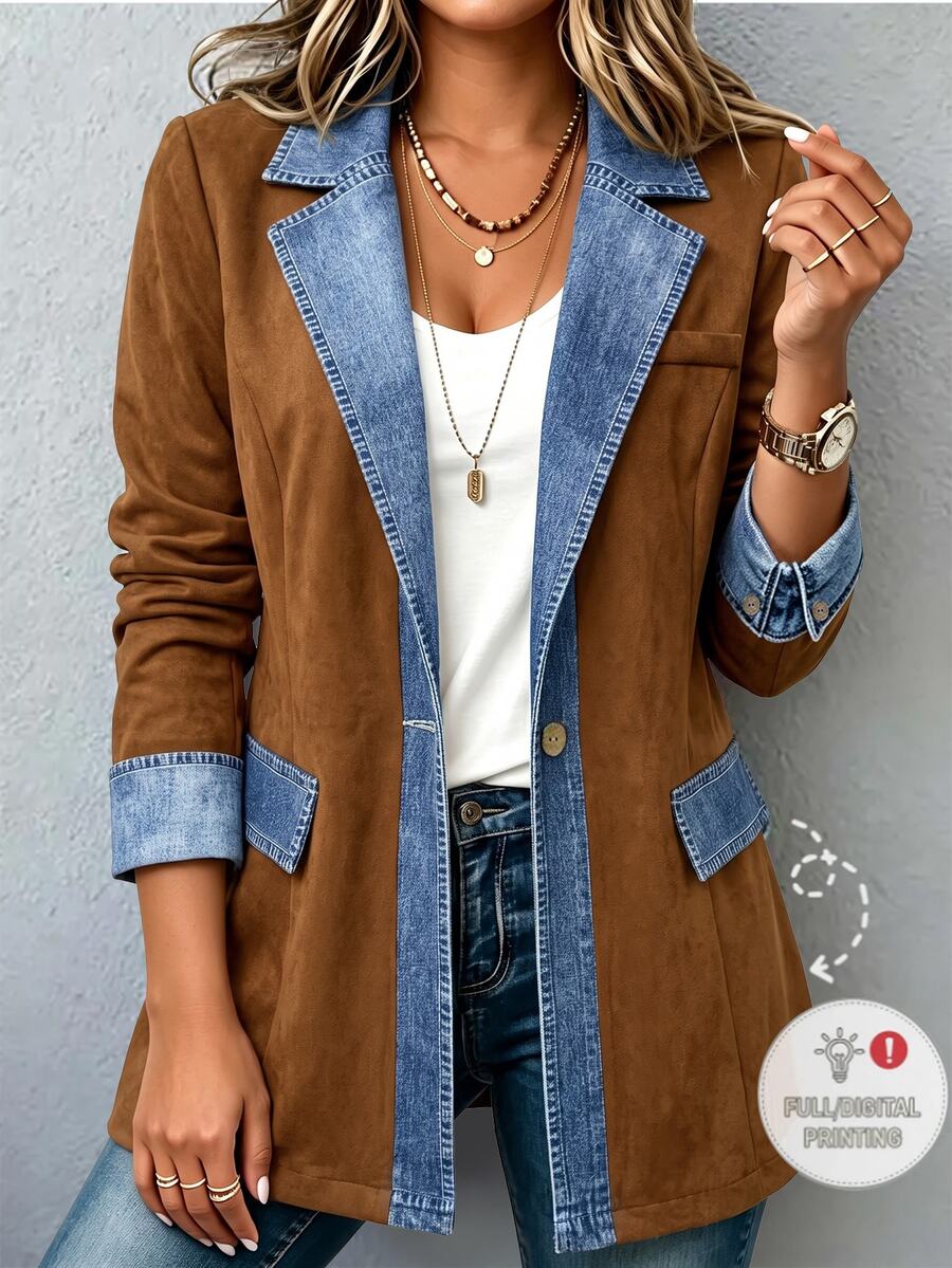Auvina Plus Size Women's Colorblock Casual Commuter Blazer Jacket - Coffee Brown - View 1