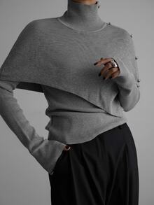 Firerie Women's Solid Color High Neck Long Sleeve Button Design Asymmetrical Sweater - Dark Grey - View 8