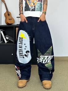 STEELVANCE Streetwear Vintage Fashion Versatile Distressed Washed Rivet Print Design Loose Straight Wide Leg Casual Denim Jeans (Belt And Accessories Not Included) - Blue - View 3