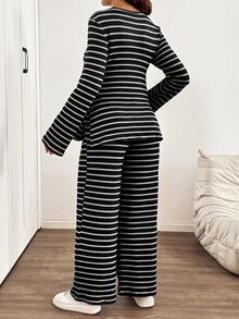 SHEIN Maternity Striped Side Slit Top And Pants 2 Pieces Set - Black - View 2