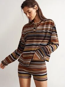Bohemela Women's Striped Drop Shoulder Long Sleeve T-Shirt And Shorts Casual 2 Pieces Set - Multicolor - View 4