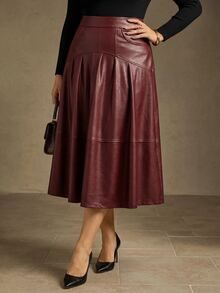 MOTF PREMIUM PLUS SIZE WOMEN'S PU LEATHER MID-LENGTH FOLD PLEATED FLARED SKIRT - Burgundy - View 4