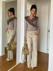 Aloruh Women's Autumn/Winter Khaki Fur Collar Sweater, Warm Slim Fit Sweater Going Out Tops Cropped Top Long Sleeve Sweaters Women's Sweater - Khaki - View 7