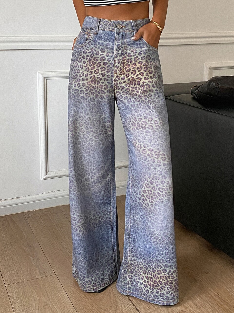 Women's Gradient Leopard Print Wide Leg Denim Jeans Fall
