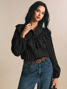 Poéselle 女款條紋長袖單排扣拼接荷葉邊襯衫 - 黑色 - 查看 4