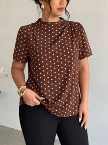 Firerie Áo sơ mi tay ngắn size lớn vải họa tiết chấm bi phong cách retro thường ngày - màu nâu - Xem 6