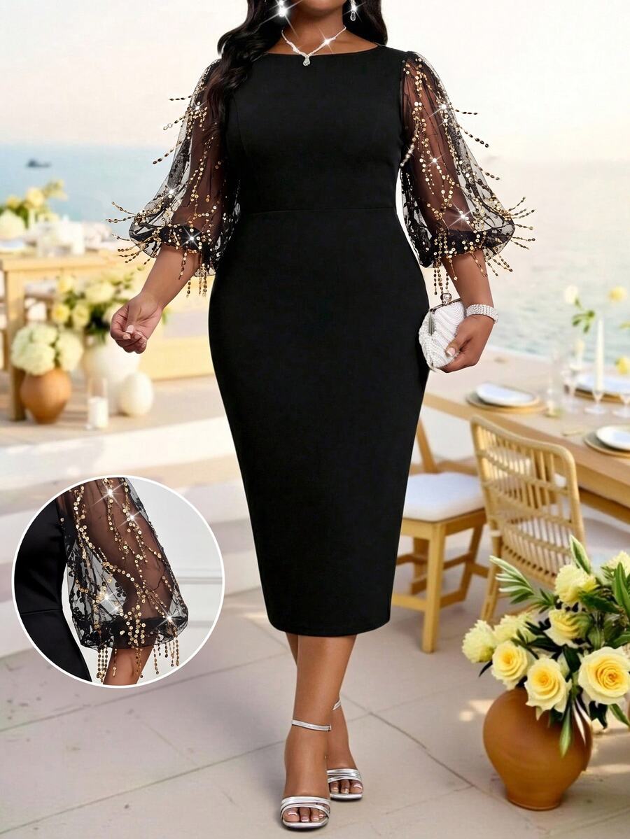 SHEIN Lady Plus Size Women's Mesh Patchwork Elegant Waist-Cinching Party Dress - Black - View 1