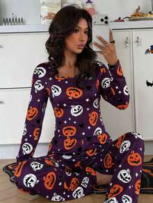 ZzzCrew Set Piyama Wanita Seksi Lengan Panjang Motif Kartun Halloween - MultiWarna - View 4