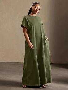 Vixey Plus Size Women's Casual Everyday Summer Denim Dress - Army Green - View 4